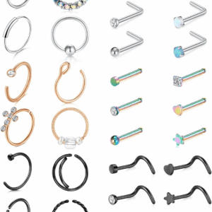 20G Stainless Steel Nose Rings Hoop L Shape Nose Studs Nose Screw Bone Silver Rose Gold Black Rainbow Pack for Women Men 28Pcs