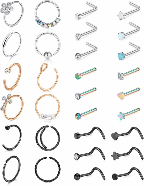 20G Stainless Steel Nose Rings Hoop L Shape Nose Studs Nose Screw Bone Silver Rose Gold Black Rainbow Pack for Women Men 28Pcs