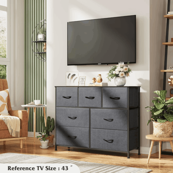 7 Drawer Dresser TV Stand, Entertainment Center, Media Console Table with Metal Frame and Wood Top for TV up to 45 Inch, Chest of Drawers for Bedroom, Living Room, Dark Grey - Image 4