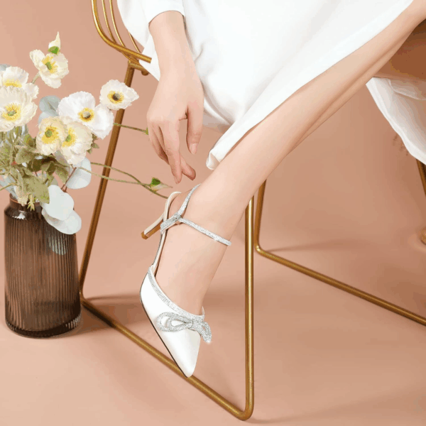 Women'S Closed Toe Rhinstone Wedding Low Heel Slingback Clear Kitten Heels,Adjustable Strap Pointed Toe Bow Pumps High Heeled Prom Dress Shoes - Image 10