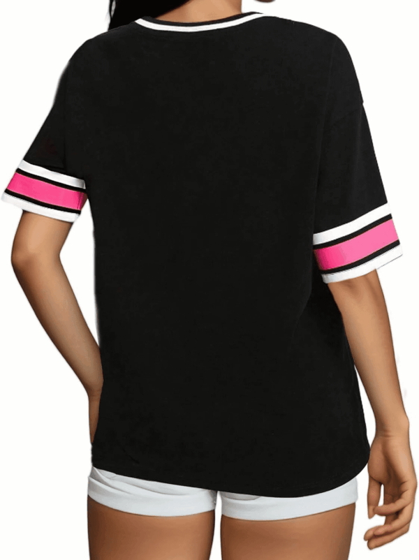 American Jersey for Women Oversized Graphic Stripe Trim V Neck Drop Shoulder Summer Tshirts - Image 2