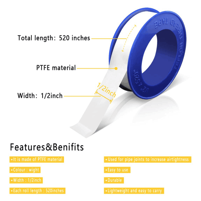 8 Rolls 1/2 Inch(W) X 520 Inches(L) Teflon Tape,For Plumbers Tape,Ptfe Tape,Water Pipe Sealing Tape,Plumbing Tape,Sealant Tape,Thread Seal Tape for Shower Head,Duct Tape,White - Image 3