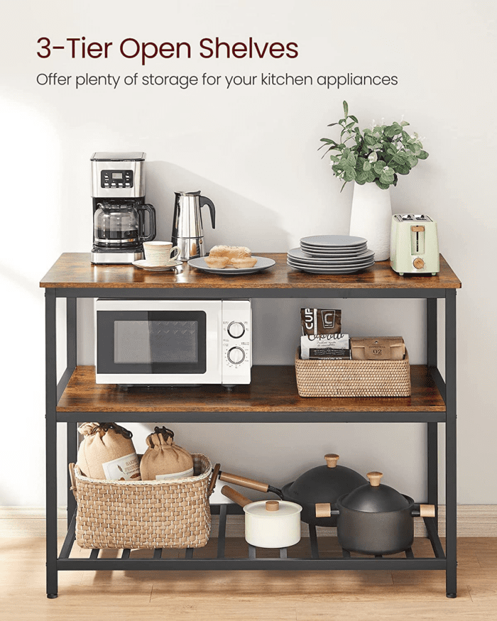 Kitchen Island with 3 Shelves, 47.2 Inches Width Kitchen Shelf with Large Worktop, Stable Steel Structure, Industrial, Easy to Assemble, Rustic Brown and Black UKKI01BX - Image 2