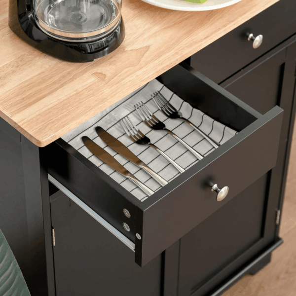 Sideboard with Solid Wood Countertop, Modern Kitchen Storage Cabinet, Coffee Bar Cabinet with 2 Drawers, Doors and Adjustable Shelf, Black - Image 9