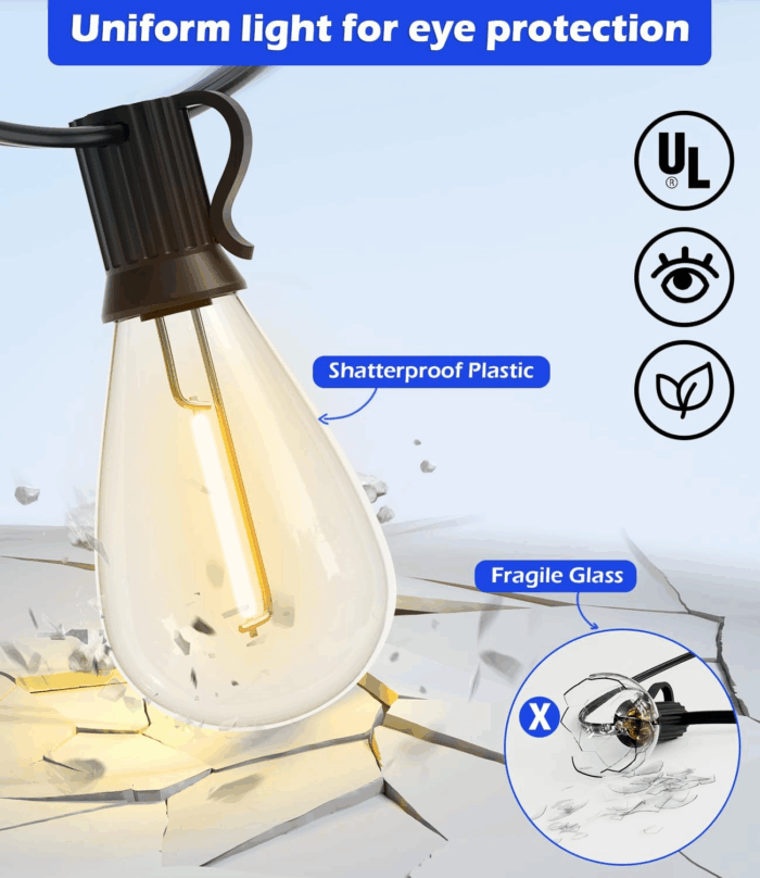120FT LED Outdoor String Lights with 30+2 Edison Shatterproof Waterproof Bulbs, 2700K Commercial Grade Patio Lights, Heavy Duty outside Hanging Outdoor Lights for Garden Porch Deck Decor - Image 4