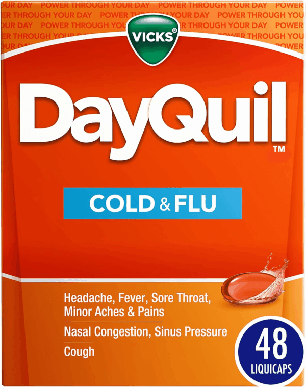 Dayquil Cold & Flu Medicine, Non-Drowsy Powerful Multi-Symptom Daytime Relief for Headache, Fever, Sore Throat, Minor Aches and Pains, Nasal Congestion, Sinus Pressure and Cough, 48 Liquicaps