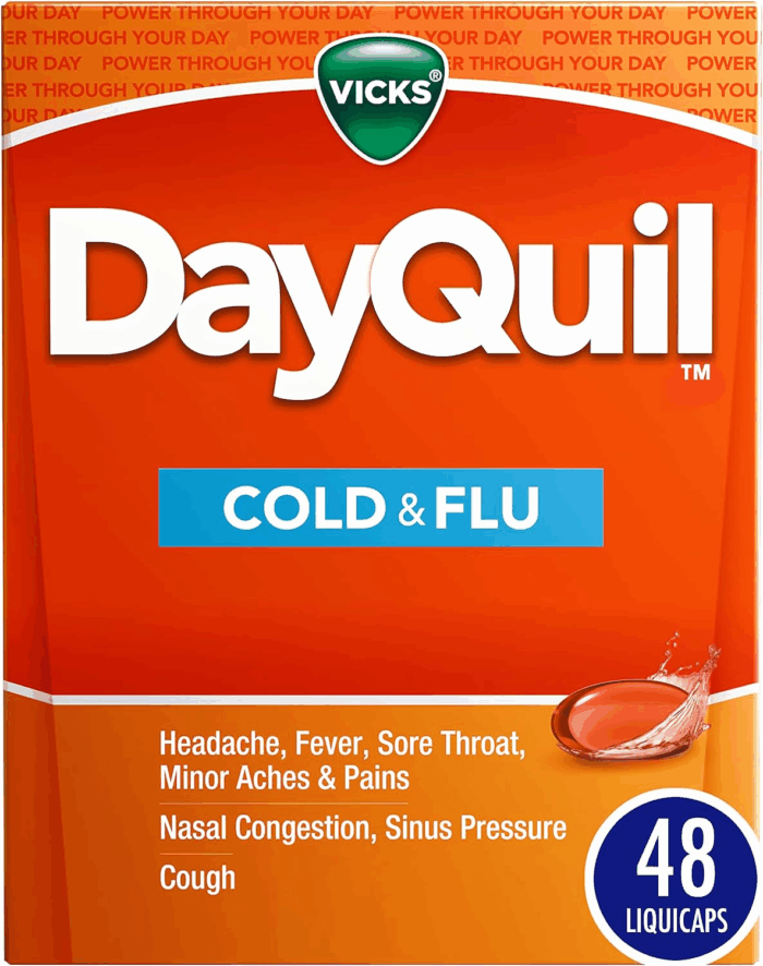 Dayquil Cold & Flu Medicine, Non-Drowsy Powerful Multi-Symptom Daytime Relief for Headache, Fever, Sore Throat, Minor Aches and Pains, Nasal Congestion, Sinus Pressure and Cough, 48 Liquicaps