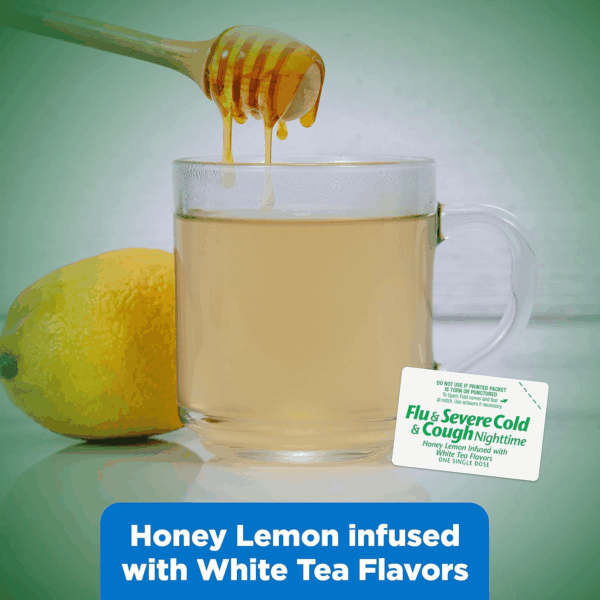 Nighttime Severe Cold, Flu and Cough Suppressant Medicine Powder, Pain Reliever/Fever Reducer, Nasal Decongestant, Antihistamine, Honey Lemon Infused with White Tea Flavors, 6 Count - Image 7