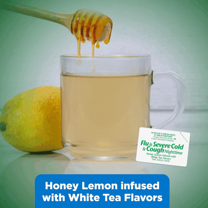 Nighttime Severe Cold, Flu and Cough Suppressant Medicine Powder, Pain Reliever/Fever Reducer, Nasal Decongestant, Antihistamine, Honey Lemon Infused with White Tea Flavors, 6 Count - Image 7