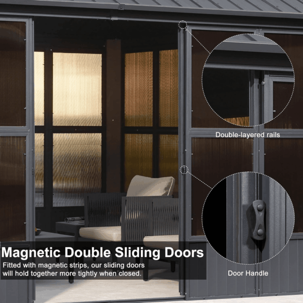 12' X 14' Solarium Sunroom Permanent Hardtop Gazebo Galvanized Steel Double Roof Aluminum Outdoor Screen House for Lawn Deck Backyard Grey - Image 5