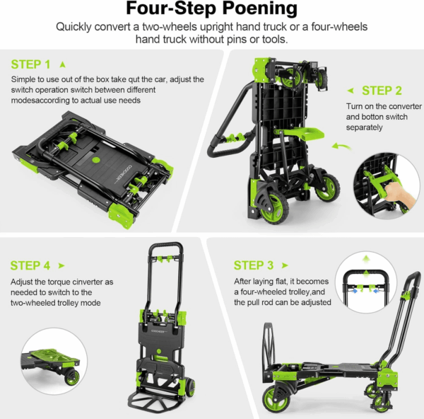 330LB Folding Hand Truck Heavy Duty Carrying, Combination of Four Wheels and Two Wheels Convertible Dolly Cart with Retractable Handle Dolly for Moving Office Carts(Green) - Image 3