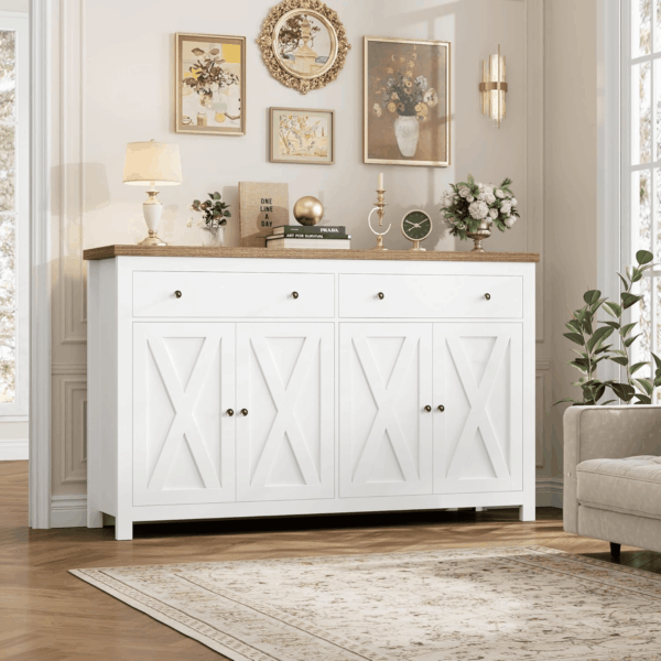 Sideboard Buffet Cabinet with Storage, 55" Large Kitchen Storage Cabinet with 2 Drawers and 4 Doors, Wood Coffee Bar Buffet Table Console Table for Kitchen Dining Room, White - Image 2