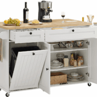 60" Kitchen Island with Power Outlet & Drop Leaf, Kitchen Rolling Island with Spice Rack & Towel Rack, Knife Holder, Kitchen Island Cart with Trash Storage Cabinet, Mobile Island Table for Kitchen