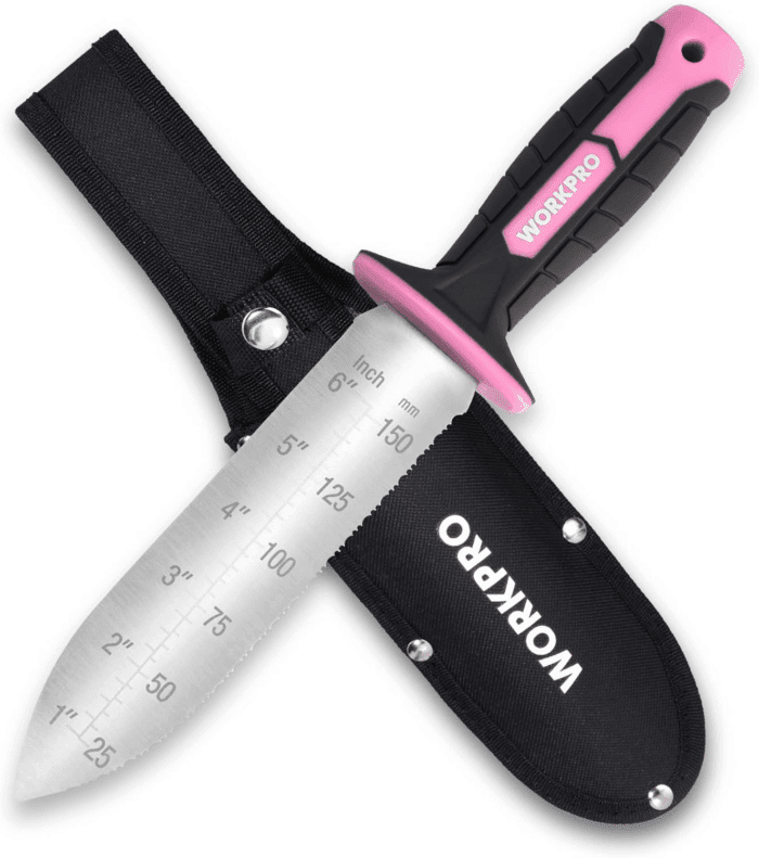 Hori Hori Garden Knife, 7" Stainless Steel Blade with Cutting Edge, Garden Tools with Oxford Sheath, Ergonomic TRP Handle with Hanging Hole for Weeding, Planting, Digging, Pink