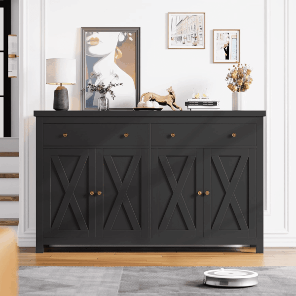 Sideboard Buffet Cabinet with Storage, 55" Large Kitchen Storage Cabinet with 2 Drawers and 4 Doors, Wood Coffee Bar Buffet Table for Kitchen Dining Room, Black - Image 5