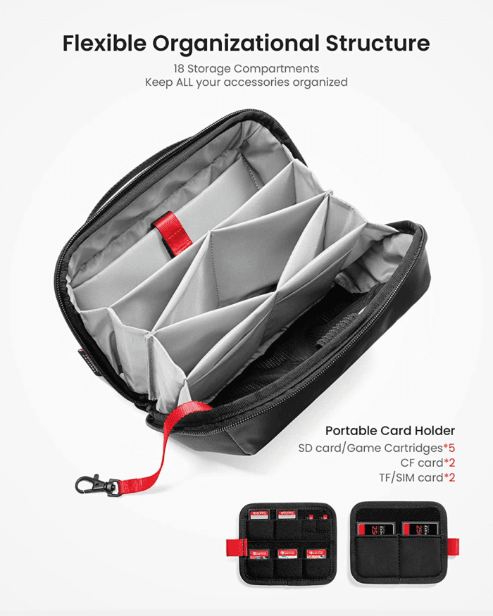 Electronic Organizer Accessory Pouch for Macbook Charger, Cables, Power Bank, Hard Drive, Cords, Water-Resistant Storage Bag with Removable Card Slots for USB Adapter, Memory Card, Black - Image 2