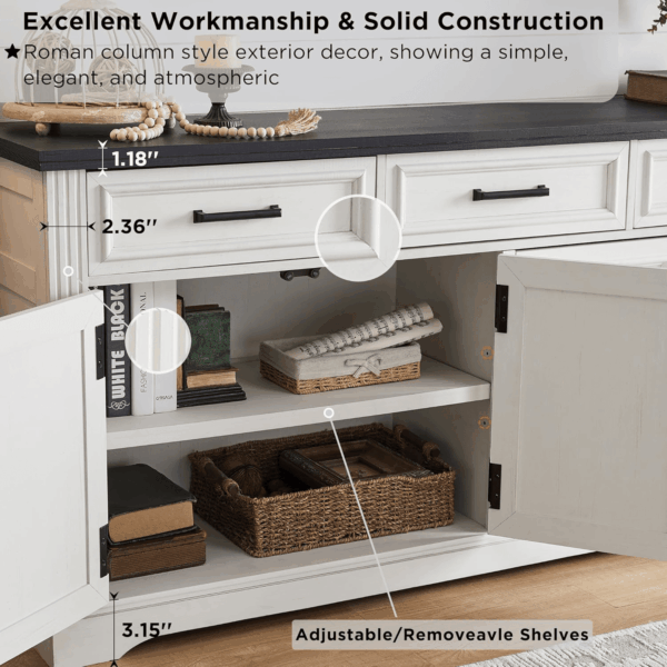 66" Large Buffet Sideboard Cabinet with 4 Doors and 3 Drawers, Buffet Table Coffee Bar Wine Bar Storage Cabinet for Dining Room, Living Room (Off White) - Image 5