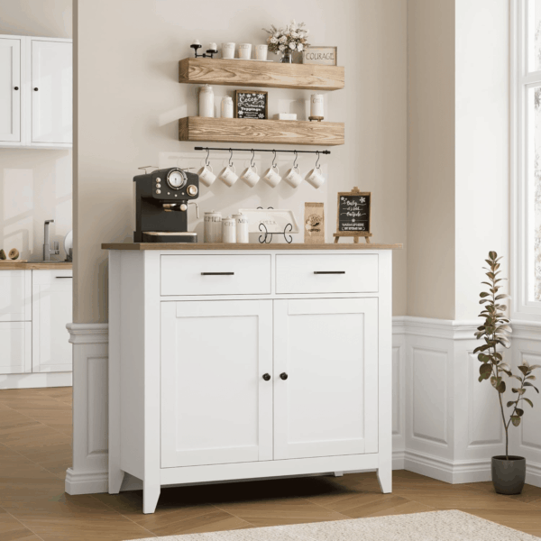Kitchen Storage Cabinet, Modern Farmhouse Buffet Cabinet with Storage, Coffee Bar with 2 Drawers and 2 Doors, Floor Sideboard Buffet for Living Room, Dining Room, Bathroom, Ivory White - Image 2
