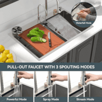 33 Waterfall Kitchen Sink - 33X22 Drop in Sinks Stainless Steel Single Bowl 16 Gauge Smart Workstation Sink with Faucet Combo Glass Rinser Topmount Multifunctional Waterfall Sinks - Image 3