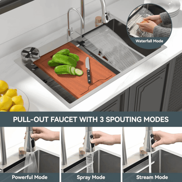 33 Waterfall Kitchen Sink - 33X22 Drop in Sinks Stainless Steel Single Bowl 16 Gauge Smart Workstation Sink with Faucet Combo Glass Rinser Topmount Multifunctional Waterfall Sinks - Image 3