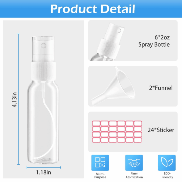 Spray Bottles, 2Oz/50Ml Clear Empty Fine Mist Plastic Mini Travel Bottle Set, Small Refillable Liquid Containers with 2Pcs Funnels and 24Pcs Labels (6 Pack) - Image 3