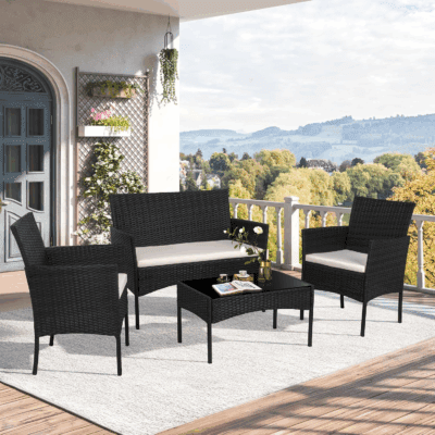 4 Piece Outdoor Patio Furniture Sets, Small Wicker Patio Conversation Furniture Rattan Chair Set with Tempered Glass Coffee Table for Backyard Porch Garden Poolside Balcony - Image 2