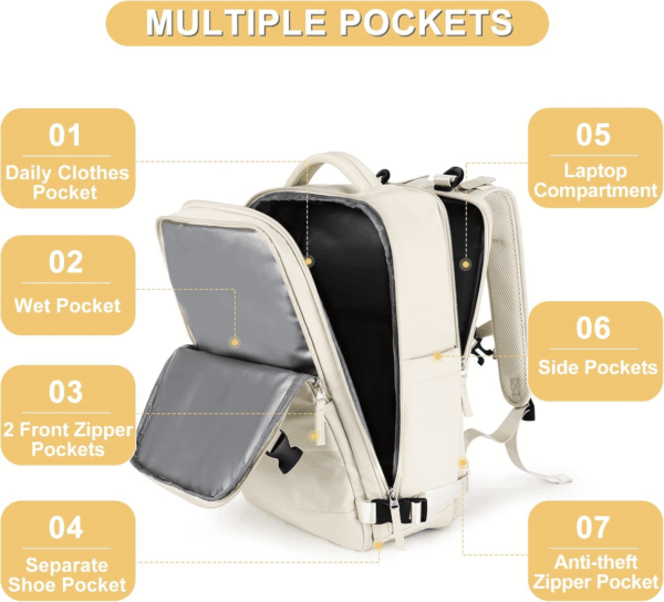 Beige Travel Backpack for Women Men Airline Approved Personal Item Carry on Flight Approved Waterproof Backpack for Traveling on Airplane Weekender Travel Bag - Image 3