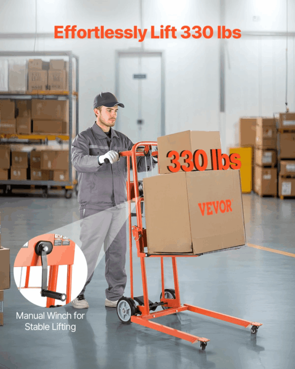 Material Lift Winch Stacker, 330Lbs Capacity Pallet Truck Dolly, 42.9In Max Lifting Height Manual Winch Stacker, Multifunctional Manual Pallet Truck Stacker with Swivel Casters and Lift Plate - Image 2