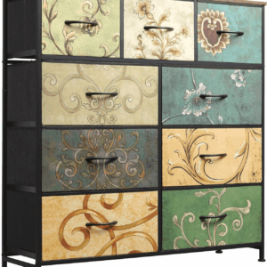9-Drawer Dresser, Fabric Storage Tower for Bedroom, Hallway, Entryway, Closet, Tall Chest Organizer Unit with Fabric Bins, Steel Frame, Wood Top, Easy Pull Handle, Floral Painted