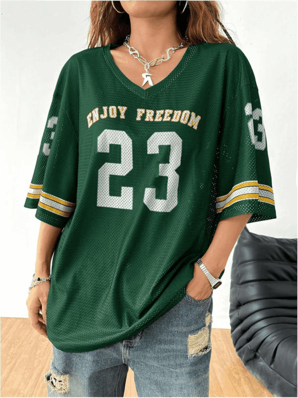 Jersey Shirts for Women Oversized T-Shirt Jersey Top Graphic V Neck T-Shirts for Teen Girls Casual Football Tee Tops Green Letter Medium - Image 4