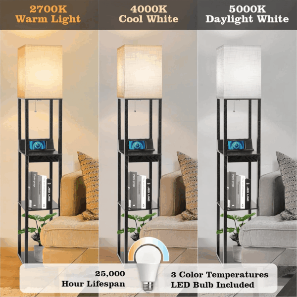 Floor Lamp with Shelves,  LED Shelf Floor Lamp with Wireless Charger & 2 Charging USB Ports & Drawer, AC Outlet, 3 Color Temperature Tall Standing Lamp with Bulb for Living Room, Bedroom, Office - Image 3