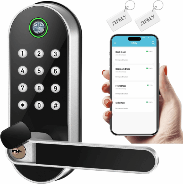 Keyless-Entry Fingerprint Smart Door Lock:  Digital Electronic Lock with Code Passcode, Electric Door Knob, Biometric Door Handle Lock, Perfect for Exterior/Interior/Entry/Bedroom Doors (Silver)