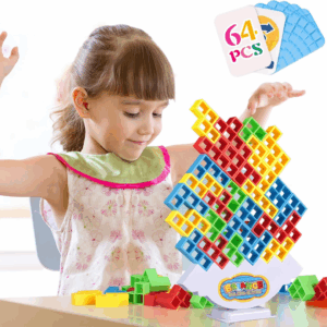 64Pcs Tetra Tower Game, Stack Attack Family Board for 2 Players Family Games, Building Blocks Stacking Balance Games Toys for Kids, Adults, Friends, Classroom, Family and Travel Party