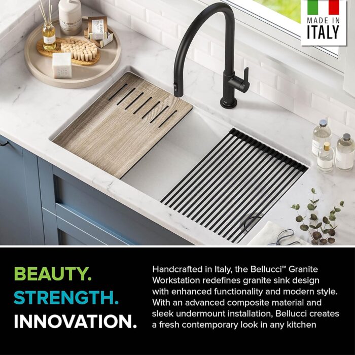 Kitchen Sink Bellucci 32” Undermount Workstation Granite, Metallic White, Accessories, KGUW1-33WH - Image 5
