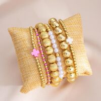 Gold Beaded Bracelet Set for Women Non Tarnish Chunky Stretch Paperclip Cross Pearl Stackable Jewelry - Image 6