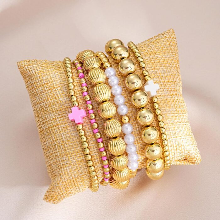 Gold Beaded Bracelet Set for Women Non Tarnish Chunky Stretch Paperclip Cross Pearl Stackable Jewelry - Image 6