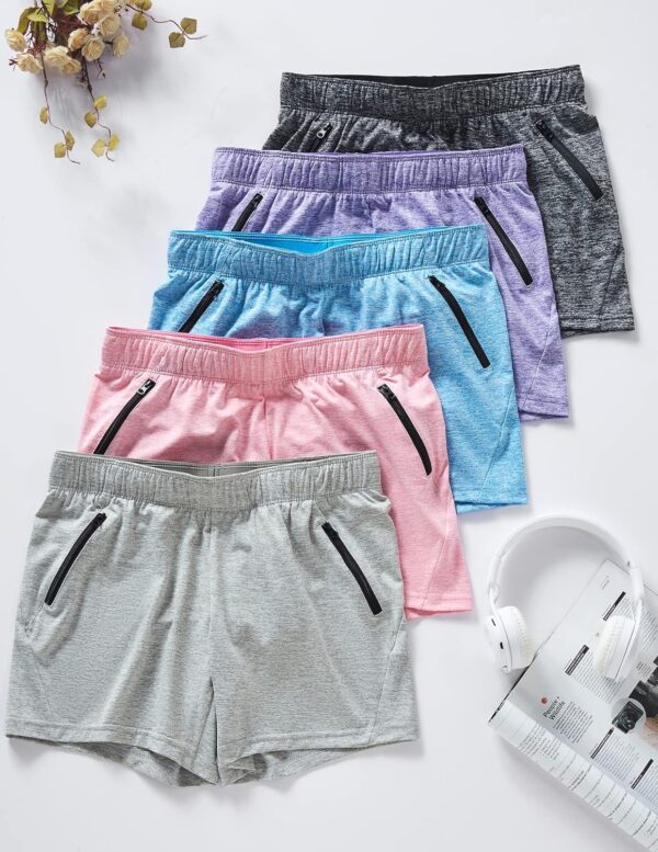 5 Pack: Womens Workout Gym Shorts Casual Lounge Set, Ladies Active Athletic Apparel with Zipper Pockets - Image 4