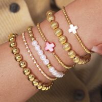 Gold Beaded Bracelet Set for Women Non Tarnish Chunky Stretch Paperclip Cross Pearl Stackable Jewelry - Image 4