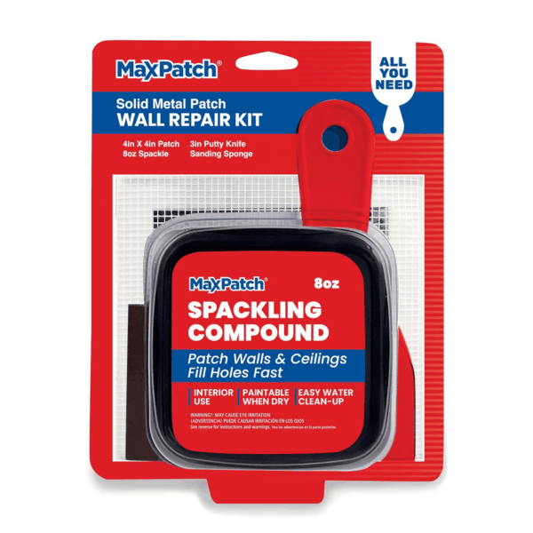 Maxpatch Drywall Repair Kit - Includes 8 Oz Spackling Compound, 4"X 4" Adhesive Metal Patch, Spackling Knife, Sanding Pad - All-In-One Solution for Wall and Ceiling Repairs