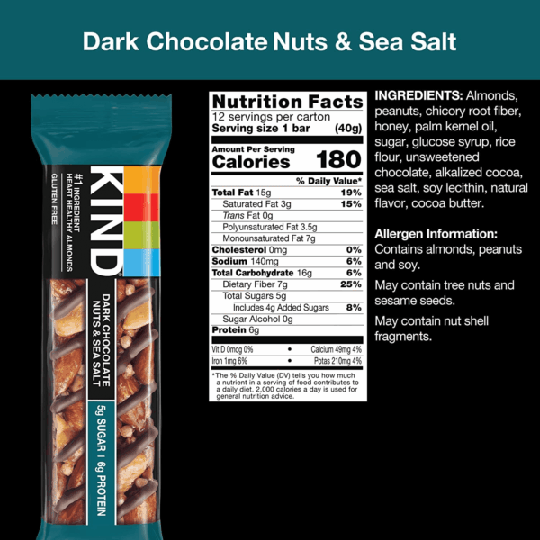 Snack Bars, Dark Chocolate Nuts & Sea Salt, 5G Sugar | 6G Protein, Gluten Free Bars, 1.4 OZ, 12 Count - Image 4