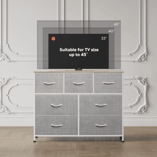 7 Drawer Dresser TV Stand, Entertainment Center, Media Console Table with Metal Frame and Wood Top for TV up to 45 Inch, Chest of Drawers for Bedroom, Living Room, Light Grey - Image 6
