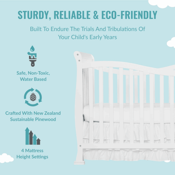 Violet 7-In-1 Convertible Life Style Crib in White, Greenguard Gold Certified, 4 Mattress Height Settings, Made of Sustainable New Zealand Pinewood - Image 4