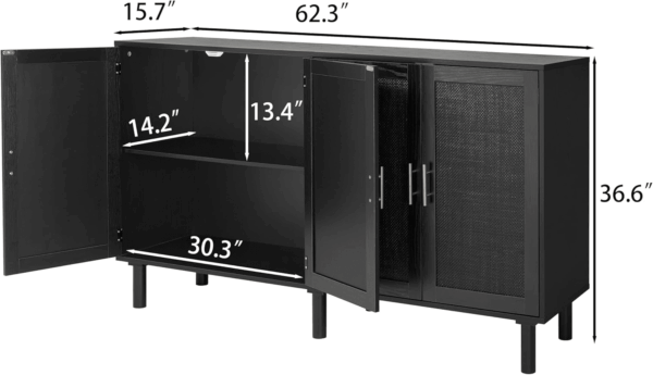 4 Door Sideboard Buffet Cabinet, Kitchen Storage Cabinet with Black Painted Rattan Decorated Doors, Cupboard Console Table, Boho Accent Liquor Cabinet, 62.3X 15.7X 34.6 Inches, Full Black - Image 3