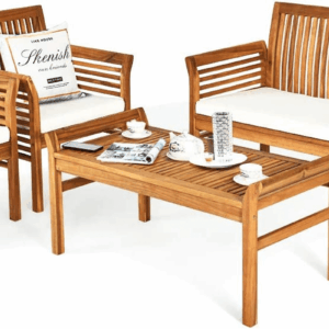 4 Piece Outdoor Acacia Wood Sofa Set with Water Resistant Cushions, Padded Patio Conversation Table Chair Set W/Coffee Table for Garden, Backyard, Poolside (1)