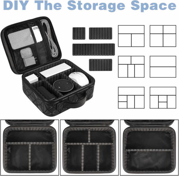 Cable Organizer Bag, Waterproof Travel Electronic Storage with Adjustable Divider, Shockproof Portable Double Layer Tech Bag Carrying Case for Cord, Earbuds, Charger, SD Card, DJ Gifts, Black - Image 4