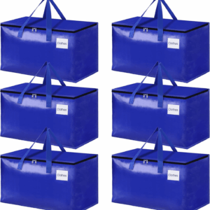 Moving Bags-Heavy Duty Moving Boxes, Storage Totes with Zipper, Reinforced Handles and Tag Pocket-Collapsible Moving Supplies for Moving, Storage and Travel 93L(Blue-6 Pack)