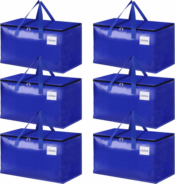 Moving Bags-Heavy Duty Moving Boxes, Storage Totes with Zipper, Reinforced Handles and Tag Pocket-Collapsible Moving Supplies for Moving, Storage and Travel 93L(Blue-6 Pack)