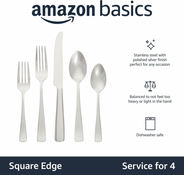 20-Piece Stainless Steel Flatware Set with Square Edge, Service for 4, Silver - Image 2