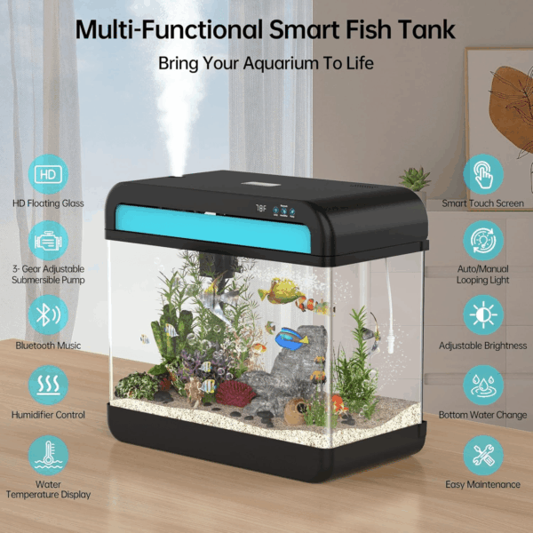 Fish Tank Aquarium 6.3 Gallon Fish Bowl with Music Humidifier 7 Color Auto-Looping Light Adjustable Quiet Pump, Temperature Display, Bottom Water Changer, HD Float Glass, Leak-Proof Thickened Base - Image 2