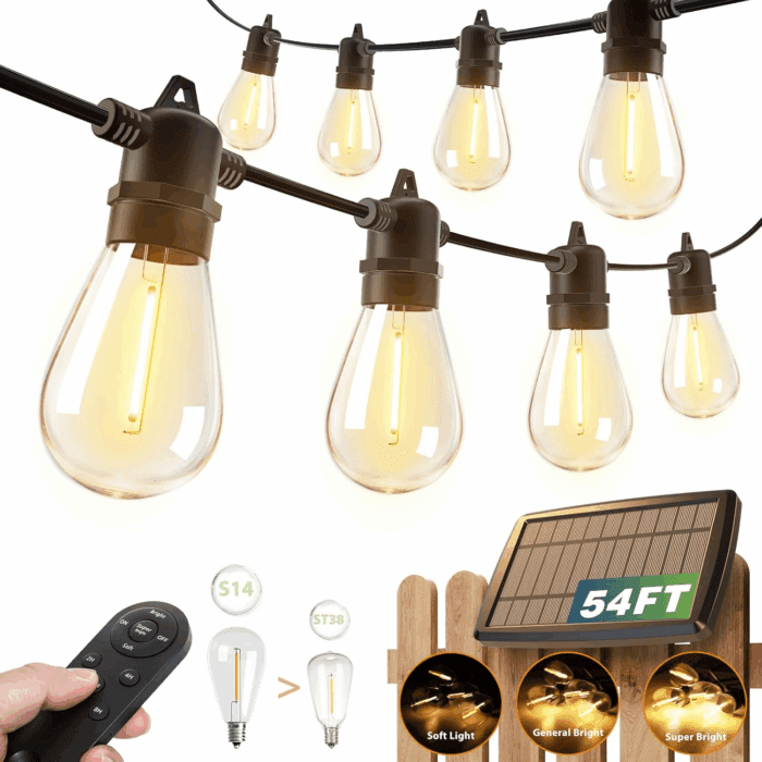 54FT(48+6) Solar String Lights Outdoor Waterproof with USB Charging & Remote Control - Dimmable Solar Power Patio Lights with LED Bulbs for Porch, Garden, Yard, Market, Bistro - Last for 20+Hrs
